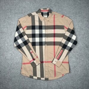 Burberry Brit Shirt Mens Large Beige Mega Check Button Down Long Sleeve Luxury‎
